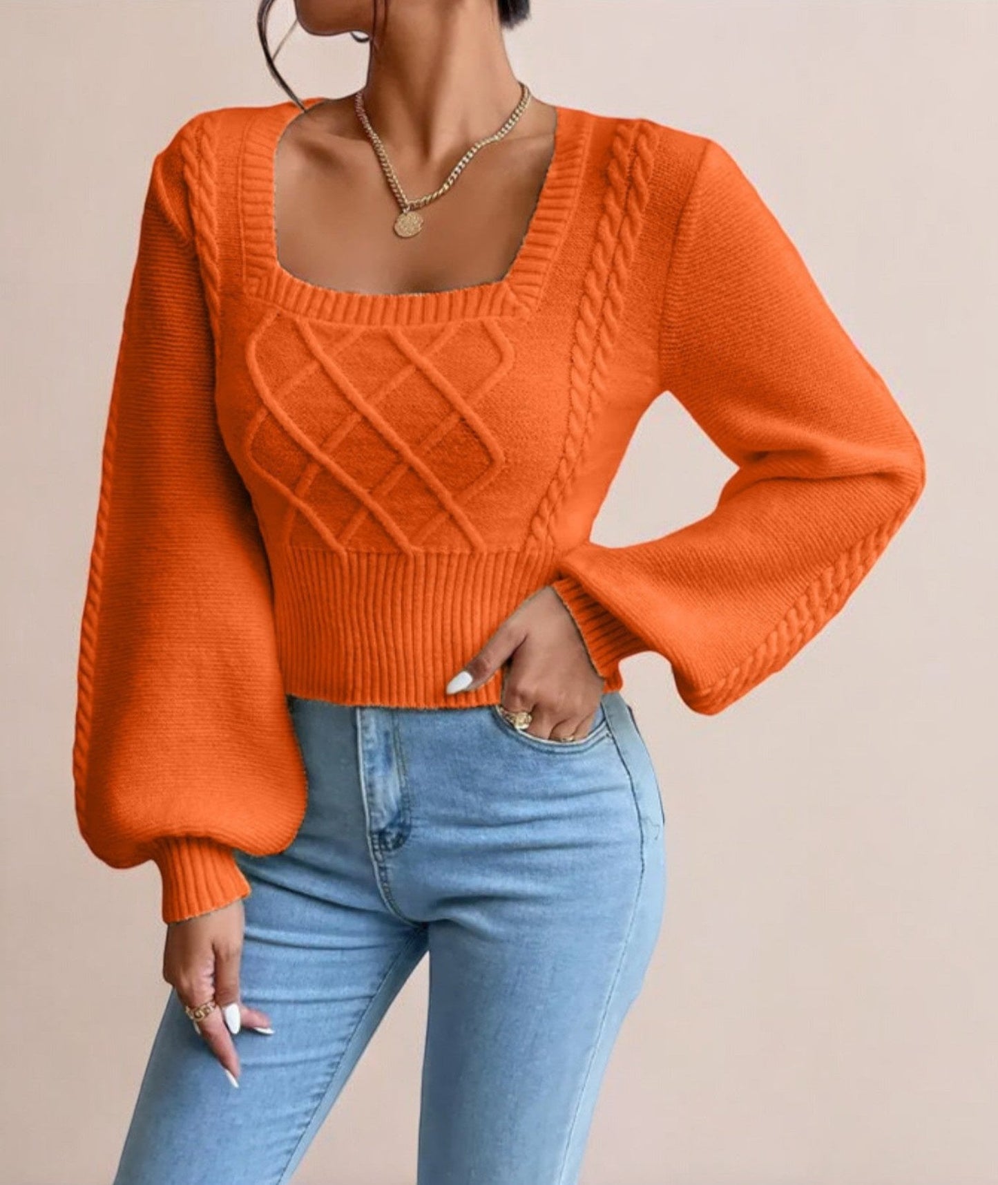 Square Chic | Apricot sweater with square collar
