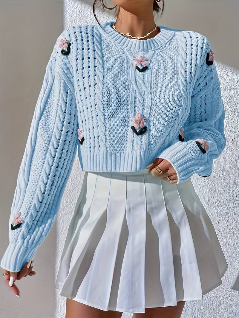 Lina - Cute knitted sweater with floral embroidery