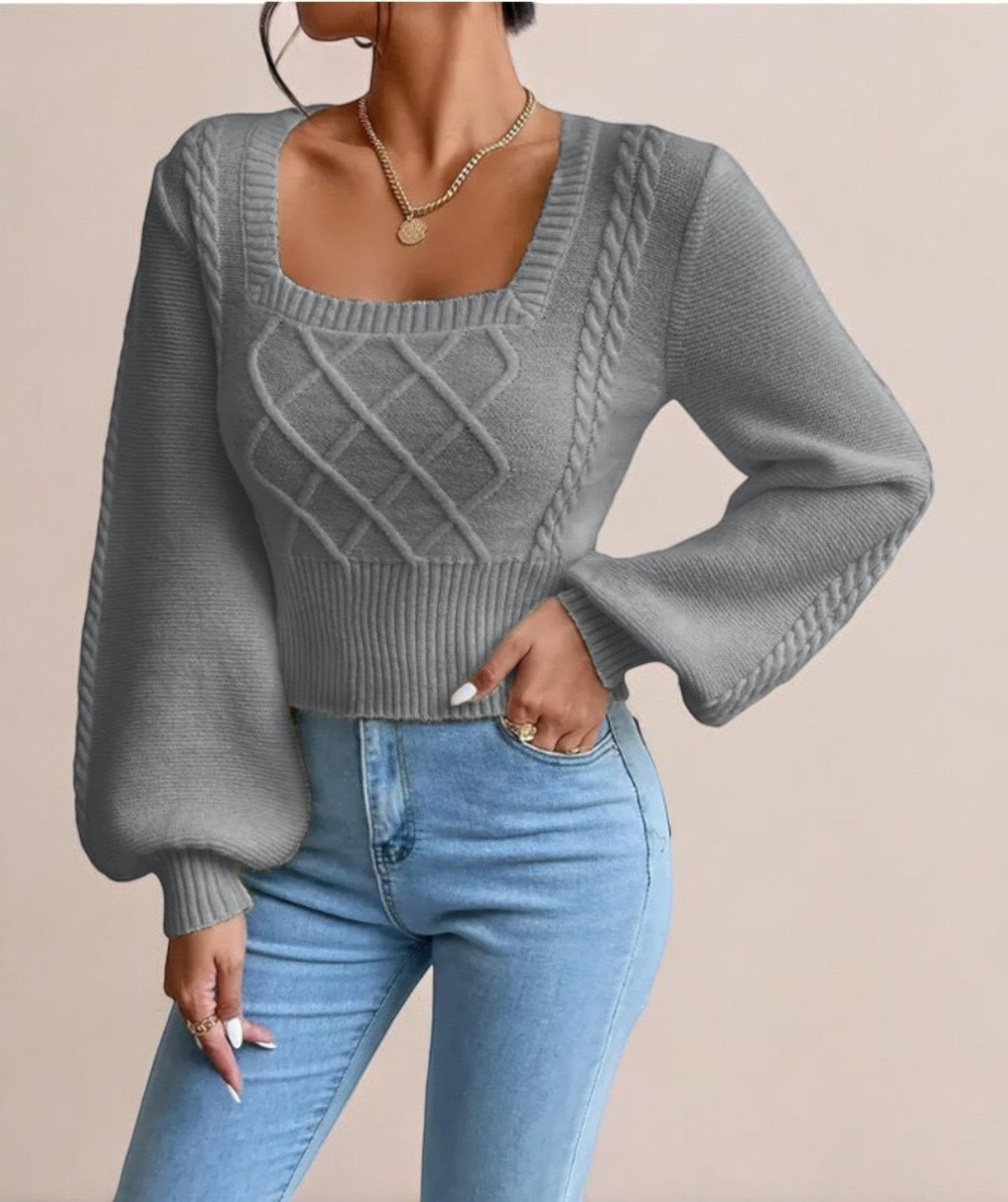 Square Chic | Apricot sweater with square collar