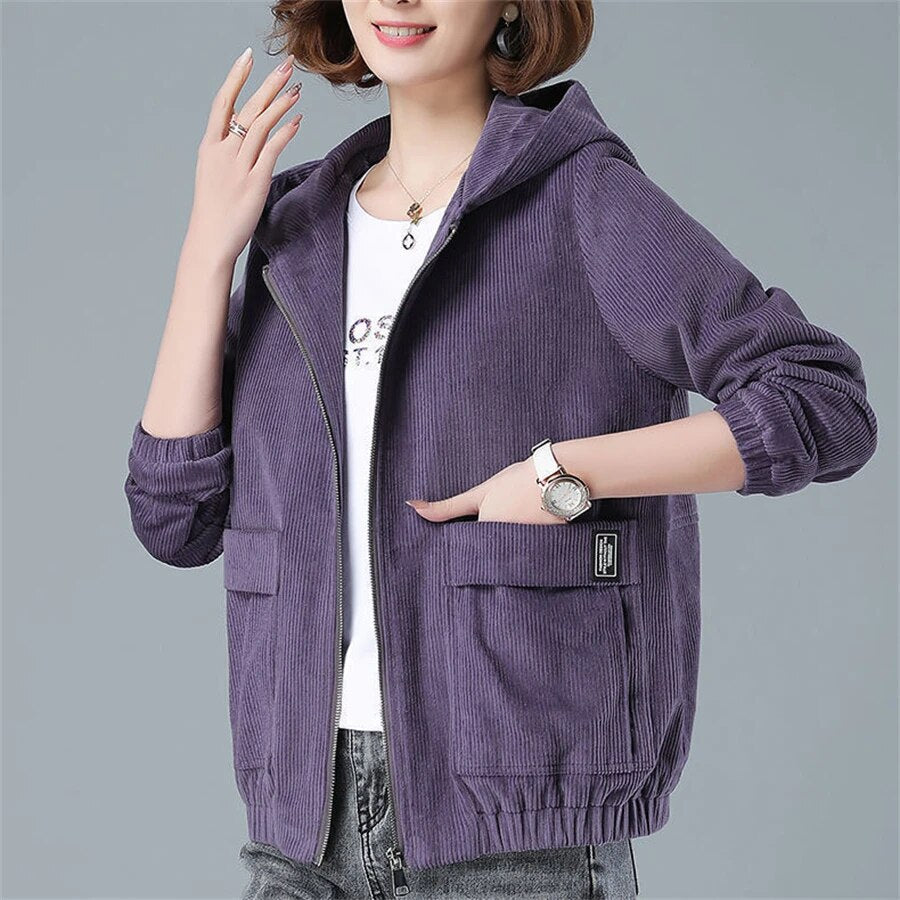 ZenMotion | Women's Zip-Up Hooded Cord Jacket with Large Pockets