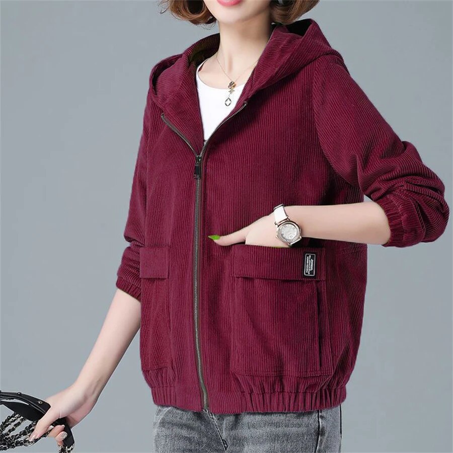 ZenMotion | Women's Zip-Up Hooded Cord Jacket with Large Pockets