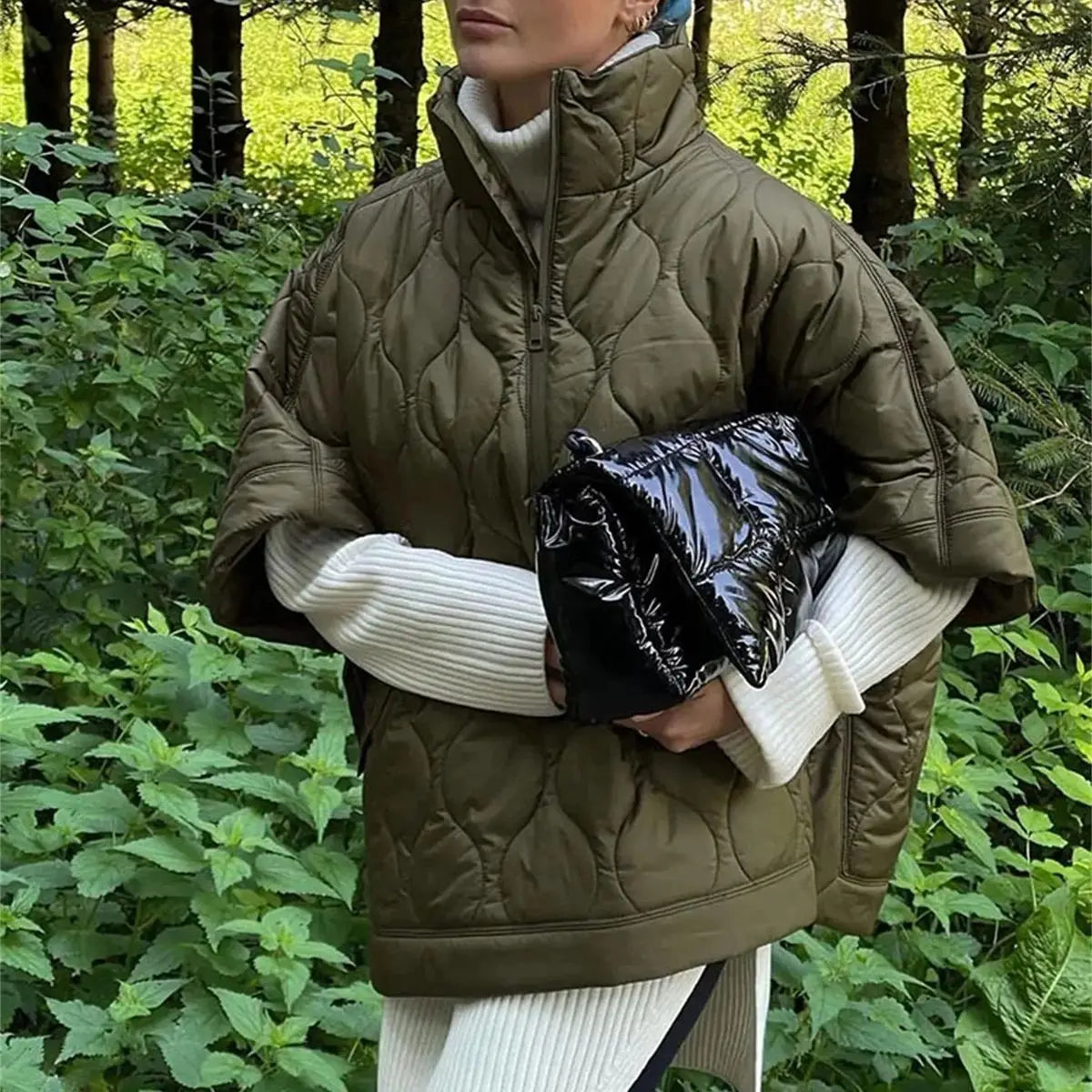 Aethera | Women's Army Green Quilted Parka Jacket with Zipper and Stand Collar β Short-Sleeve Winter Coat