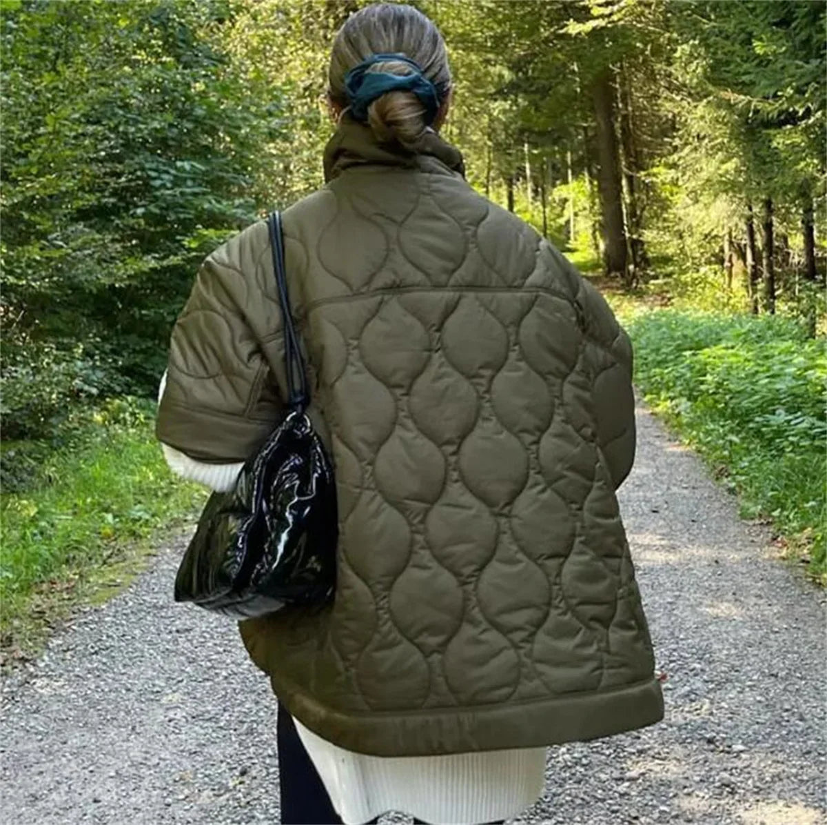 Aethera | Women's Army Green Quilted Parka Jacket with Zipper and Stand Collar β Short-Sleeve Winter Coat