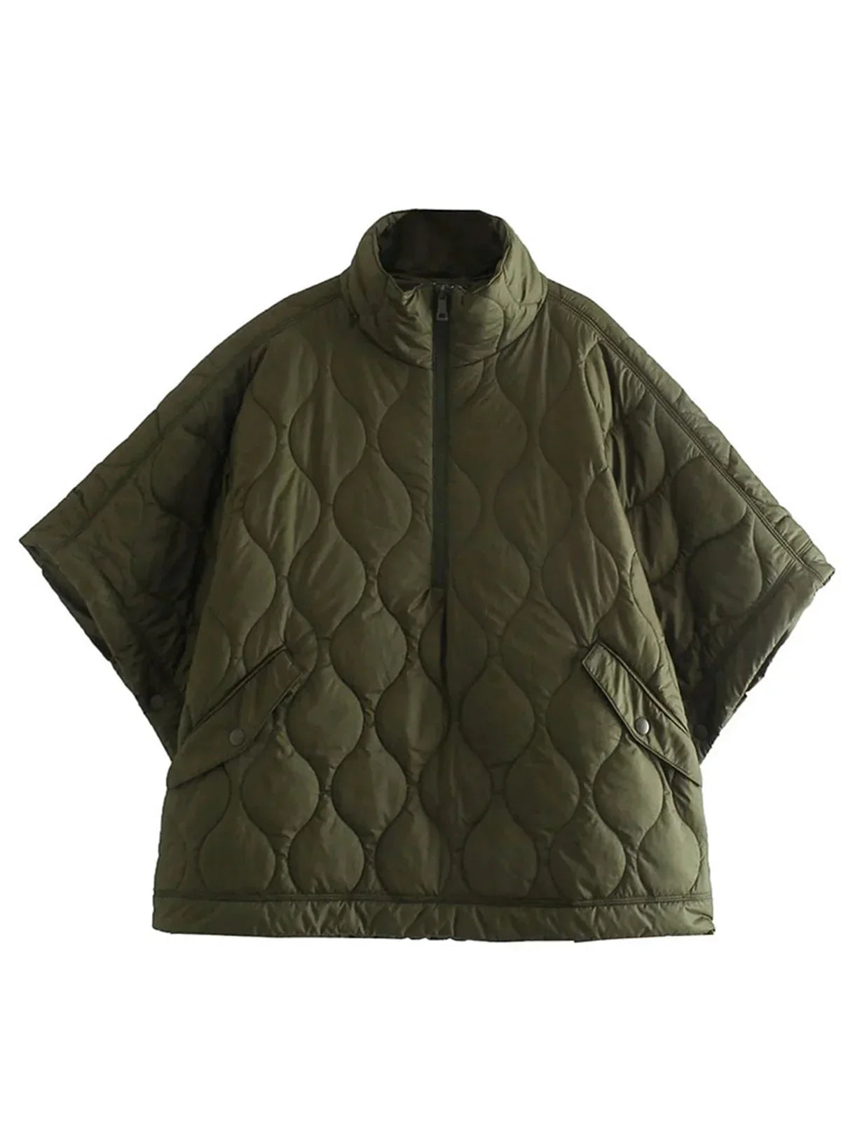 Aethera | Women's Army Green Quilted Parka Jacket with Zipper and Stand Collar β Short-Sleeve Winter Coat