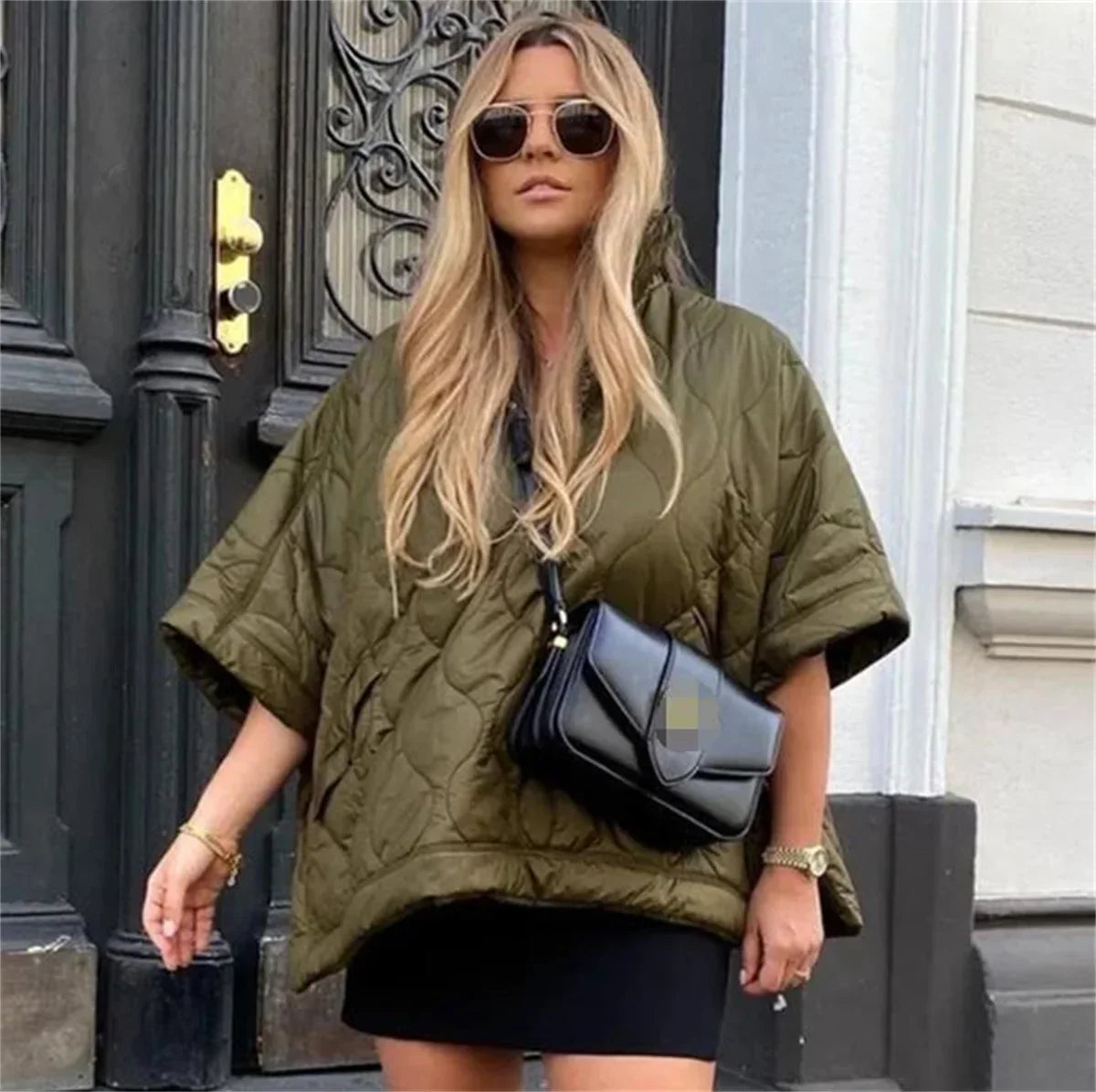 Aethera | Women's Army Green Quilted Parka Jacket with Zipper and Stand Collar β Short-Sleeve Winter Coat