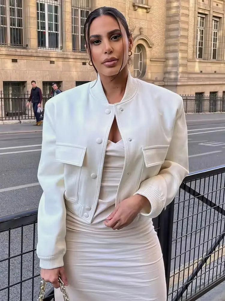 EmberMist | Women's White Bomber Jacket with Buttons – Short Jacket for a Modern Look