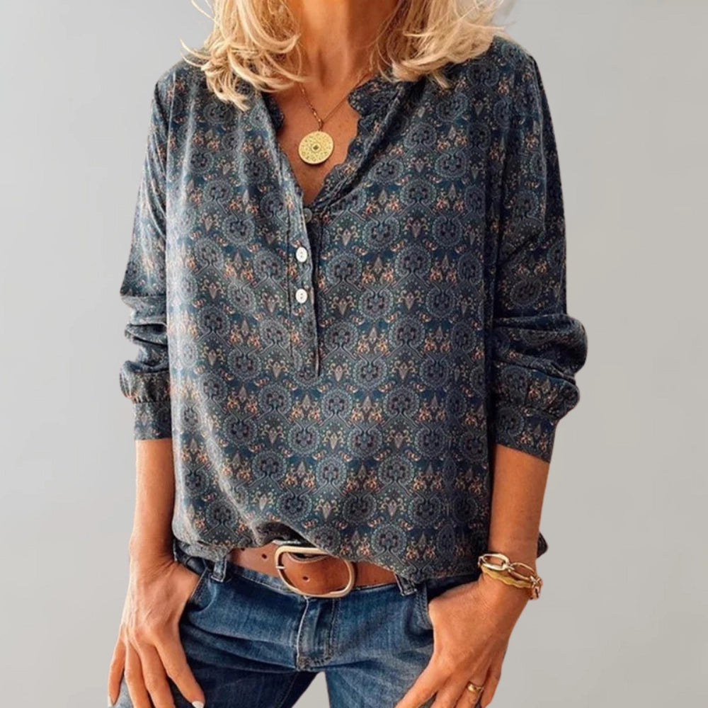 Vault - Floral Print V-Neck Blouse for Women - Long Sleeve Paisley