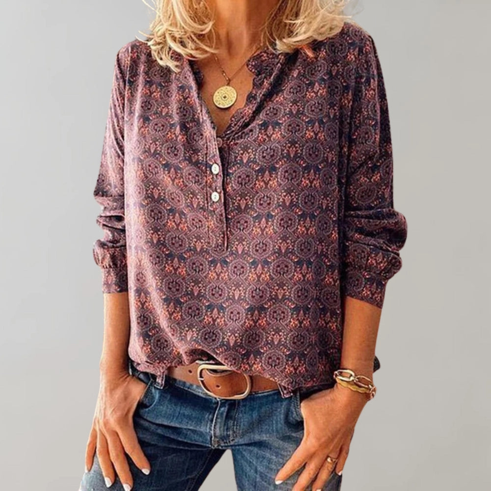 Vault - Floral Print V-Neck Blouse for Women - Long Sleeve Paisley