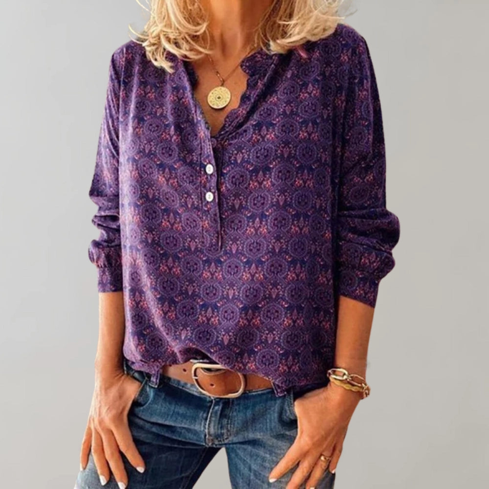 Vault - Floral Print V-Neck Blouse for Women - Long Sleeve Paisley