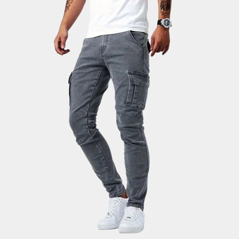 Realm - Men's Slim Fit Light Wash Denim Cargo Jeans