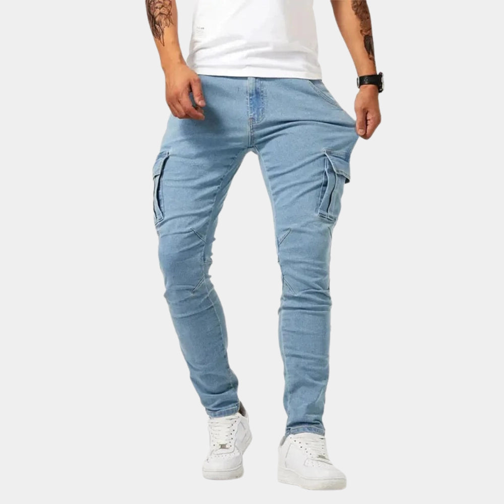 Realm - Men's Slim Fit Light Wash Denim Cargo Jeans