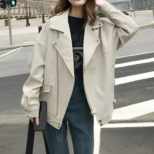 Veleva | Casual PU Leather Zip-Up Jacket for Women